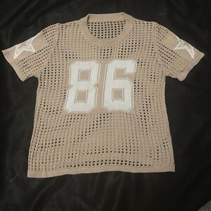 Tan Mesh Knit Top with White 86 and Lone Stars on Sleeves